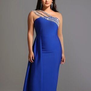 Chic One-Shoulder Blue Dress with Embellishments